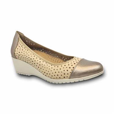 Womens Openwork Leather Wedged Ballerinas Removable Insole 7034 Beige, by TuPie