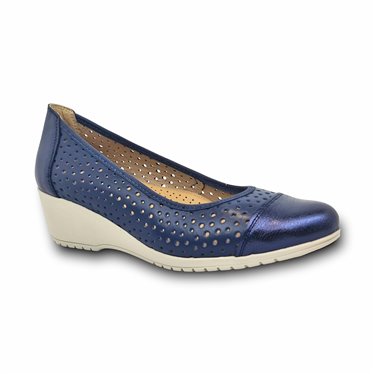 Womens Openwork Leather Wedged Ballerinas Removable Insole 7034 Navy, by TuPie