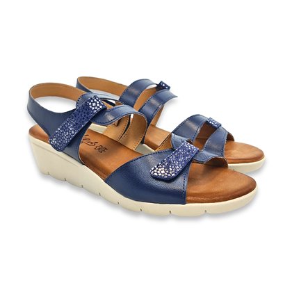 Womens Leather Low Wedged Sandals Velcro Padded Insole 855-1 Navy, by Amelie