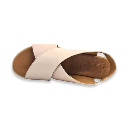 Womens Leather Low Wedged Comfort Crossed Sandals Padded Ellastic 288 Beige, by Amelie