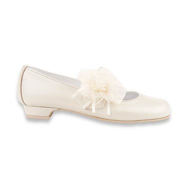 Girl's Ceremony Heeled Pearly Leather Mary-Janes Tulle Flower and Pearls Velcro 997 Beige, by Angelitos