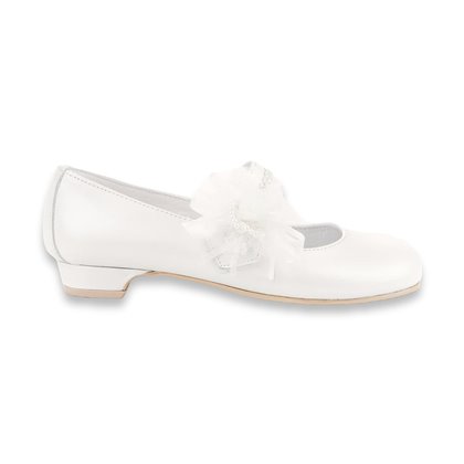 Girl's Ceremony Heeled Pearly Leather Mary-Janes Tulle Flower and Pearls Velcro 997 White, by Angelitos
