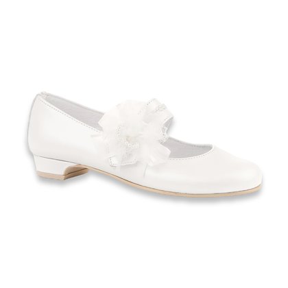 Girl's Ceremony Heeled Pearly Leather Mary-Janes Tulle Flower and Pearls Velcro 997 White, by Angelitos