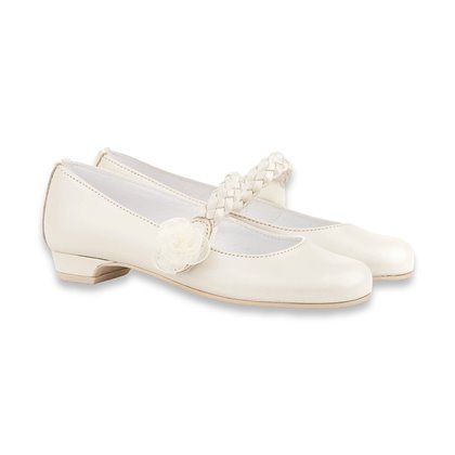 Girl's Ceremony Heeled Pearly Leather Mary-Janes Tulle Flower Braided Trim Velcro 998 Beige, by AngelitoS
