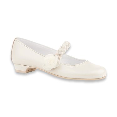 Girl's Ceremony Heeled Pearly Leather Mary-Janes Tulle Flower Braided Trim Velcro 998 Beige, by AngelitoS