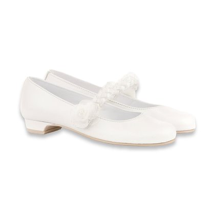 Girl's Ceremony Heeled Pearly Leather Mary-Janes Tulle Flower Braided Trim Velcro 998 White, by AngelitoS