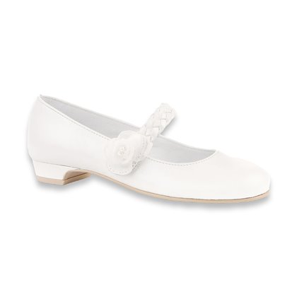 Girl's Ceremony Heeled Pearly Leather Mary-Janes Tulle Flower Braided Trim Velcro 998 White, by AngelitoS