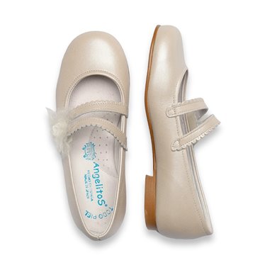 Girl's Ceremony Pearly Leather Mary-Janes Lace and Tulle Flower Velcro 992 Beige, by AngelitoS