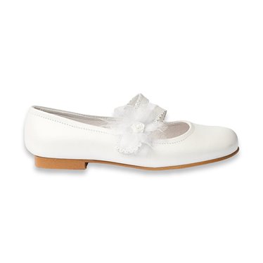 Girl's Ceremony Pearly Leather Mary-Janes Lace and Tulle Flower Velcro 992 White, by AngelitoS