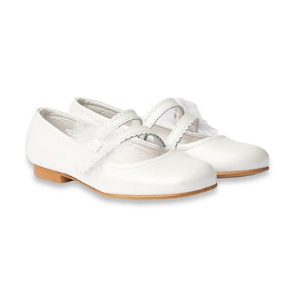 Girl's Ceremony Pearly Leather Mary-Janes Lace and Tulle Flower Velcro 992 White, by AngelitoS