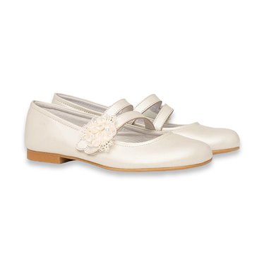 Girl's Ceremony Pearly Leather Mary-Janes Lace Tulle and Pearls Flower Velcro 991 Beige, by AngelitoS