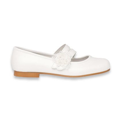 Girl's Ceremony Pearly Leather Mary-Janes Lace Tulle and Pearls Flower Velcro 991 White, by AngelitoS