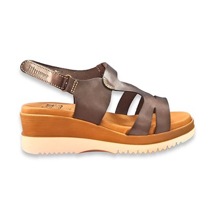 Womens Leather Low Wedged Sandals Padded Insole Velcro 62309 Brown, by BluSandal