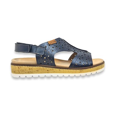 Womens Openwork Leather Low Wedged Comfort Sandals Removable Insole Velcro 1211 Navy, by Amelie