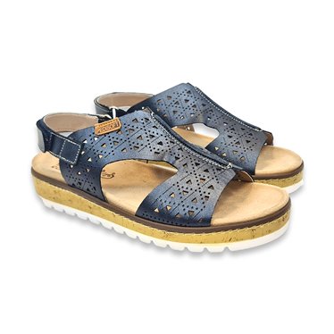 Womens Leather Low Wedged Comfort Sandals Removable Insole Velcro 1211 Navy, by Amelie