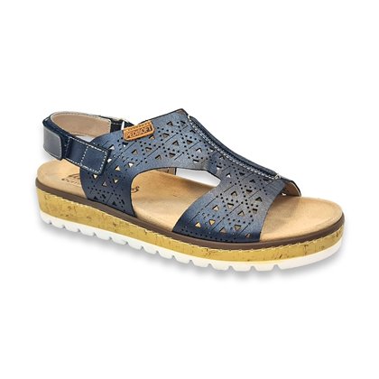 Womens Leather Low Wedged Comfort Sandals Removable Insole Velcro 1211 Navy, by Amelie