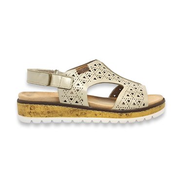 Womens Openwork Leather Low Wedged Comfort Sandals Removable Insole Velcro 1211 Beige, by Amelie