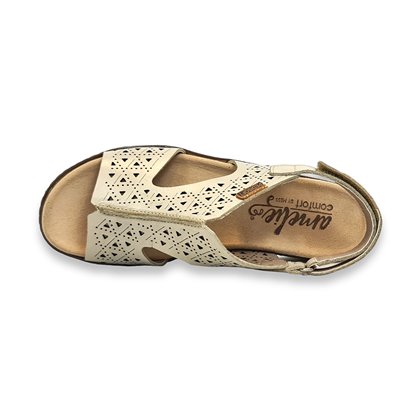 Womens Leather Low Wedged Comfort Sandals Removable Insole Velcro 1211 Beige, by Amelie