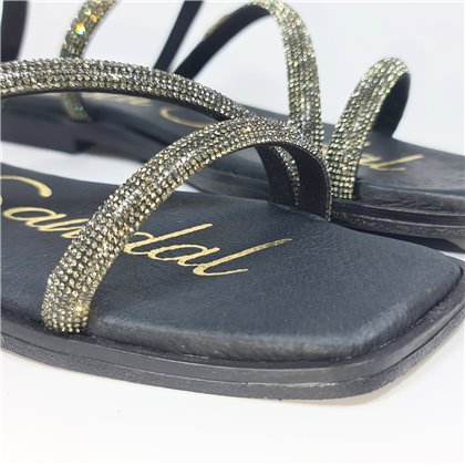 Womens Leather and Strass Flat Sandals Padded Insole 1600 Black, by BluSandal