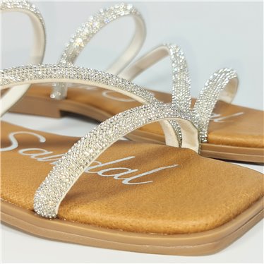 Womens Leather and Strass Flat Sandals Padded Insole 1600 Silver, by BluSandal
