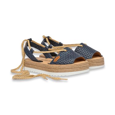 Womens Engraved Leather Menorcan Sandals Platform Strings and Padded Insole 1249 Navy, by Eva Mañas
