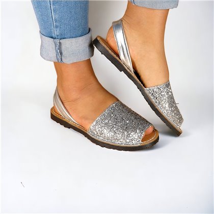 Woman Glitter Leather Menorcan Sandals 275GLI-1 Silver, by C. Ortuño