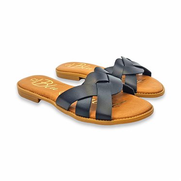 Sandalias Planas Mujer Piel Corte Trenzado Y Plantilla Acolchada 1601 Negro, de Blusandal