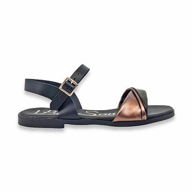 Womens Flat Leather Sandals Buckle & Padded Insole 916 Black, by Blusandal