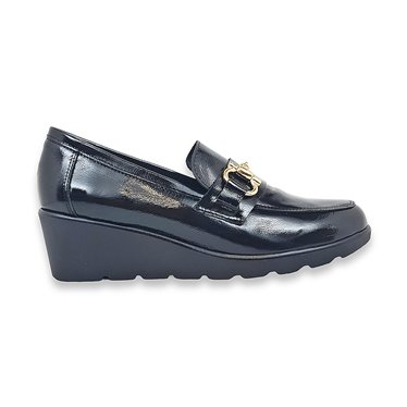 Womens Wedged Leather Loafers Chain Ornament 9586 Black, by Casual
