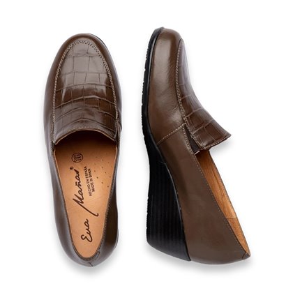 Flexible Women's Loafers in Soft Nappa Croco Leather, Leather and Gel Insole 1479 Brown, by Eva Mañas