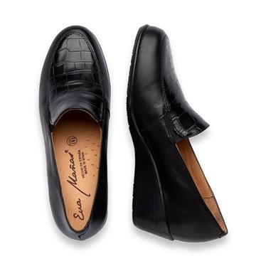 Flexible Women's Loafers in Soft Nappa Croco Leather, Leather and Gel Insole 1479 Black, by Eva Mañas