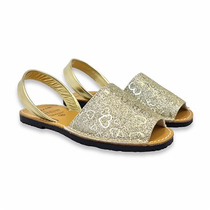 Womens Leather Flat Glitter Menorcan Sandals Hearts Patterns 496 Platinum, by C. Ortuño