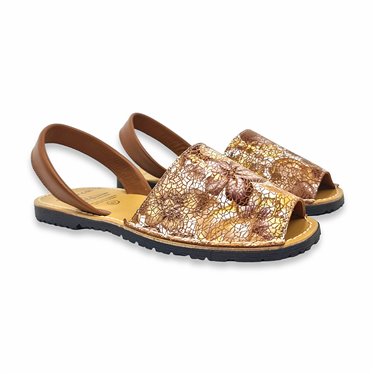 Womens Leather Flat Printed Menorcan Sandals Floral Patterns 511 Brown, by C. Ortuño