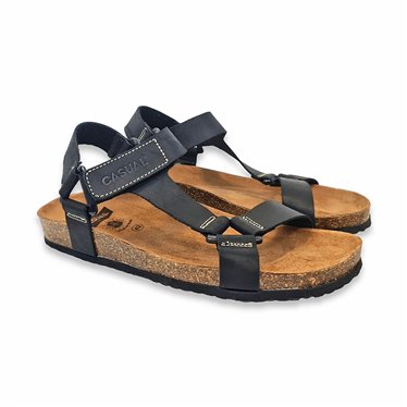Mens Leather Bio Sandals Loop and Hook Padded Insole 8079 Black, by Casual