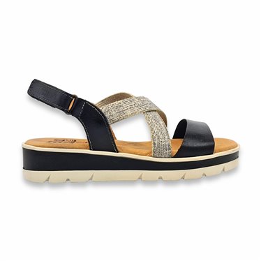 Womens Low Wedged Leathe Sandals with Elastic Straps Velcro Padded Insole 21501 Black by Blusandal