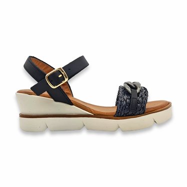 Womens Mid Wedge Sandals with Leather and Raffia Chain and Padded Insole 190BLU Black, by Blusandal