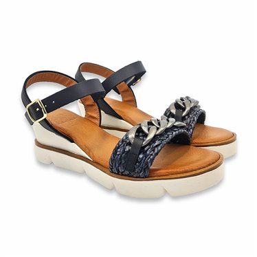 Womens Mid Wedge Sandals with Leather and Raffia Chain and Padded Insole 190BLU Black, by Blusandal