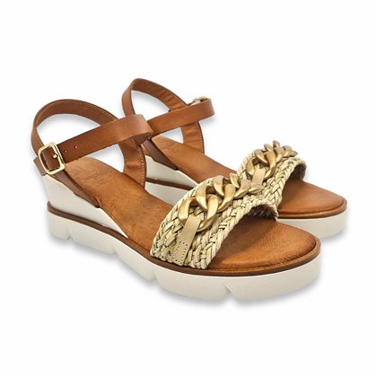 Womens Mid Wedge Sandals with Leather and Raffia Chain and Padded Insole 190BLU Leather, by Blusandal