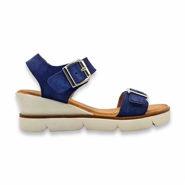 Womens Low Wedge Suede Leather Sandals, Padded Insole 22BLU Navy, by Blusandal