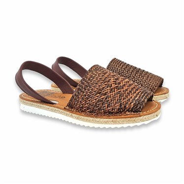 Womens Flat Menorcan Sandals Leather and Raffia Padded Insole 15550 Brown, by C. Ortuño