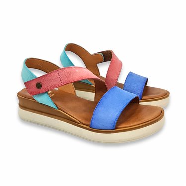Womens Leather Low-Wedged Sandals Velcro Padded Insole 14592 Multicolor, by BluSandal