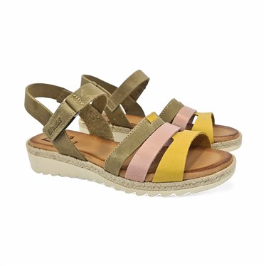 Woman Leather Low Wedged Sandals Velcro Padded Insole 2898 Kaki, by Blusandal