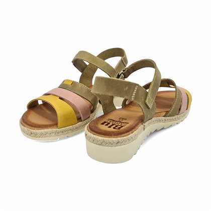 Woman Leather Low Wedged Sandals Velcro Padded Insole 2898 Kaki, by Blusandal