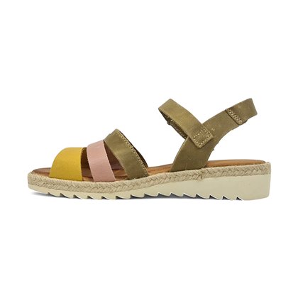 Woman Leather Low Wedged Sandals Velcro Padded Insole 2898 Kaki, by Blusandal