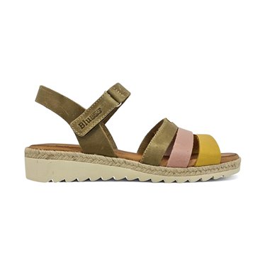 Woman Leather Low Wedged Sandals Velcro Padded Insole 2898 Kahki, by Blusandal