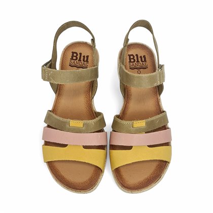 Woman Leather Low Wedged Sandals Velcro Padded Insole 2898 Kaki, by Blusandal