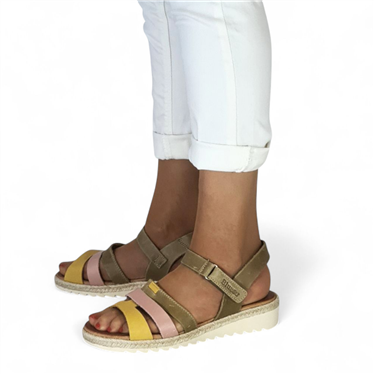 Woman Leather Low Wedged Sandals Velcro Padded Insole 2898 Kaki, by Blusandal