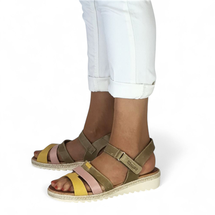 Woman Leather Low Wedged Sandals Velcro Padded Insole 2898 Kahki, by Blusandal