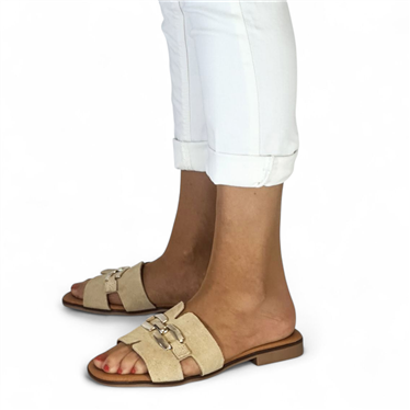 Womens Leather Flat Flip-Flop Style Sandals Suede Gold Detail Padded Insole 105 Beige, by Bda