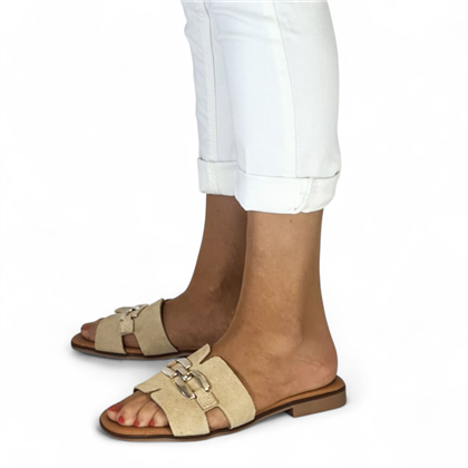 Womens Leather Flat Flip-Flop Style Sandals Suede Gold Detail Padded Insole 105 Beige, by Bda